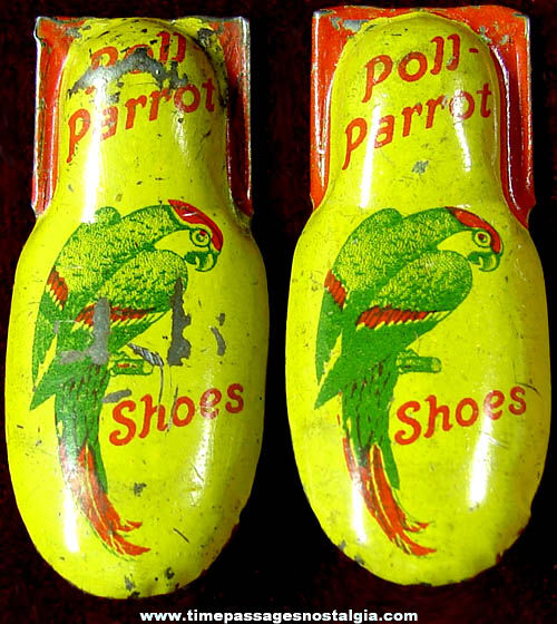 (2) Old Poll Parrot Shoes Advertising Premium Tin Toy Clickers