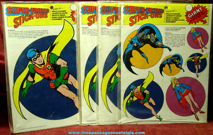 (4) Large 1973 Packages of Batman, Robin, & Super Girl Stickers