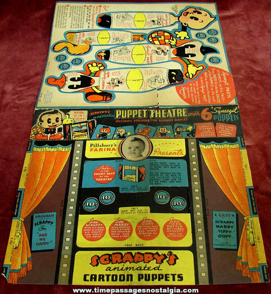 1936 Pillsbury Farina Cereal Advertising Premium Scrappy Comic Character Puppet Theatre Kit