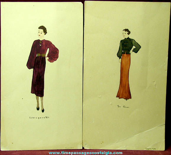 (2) Old Signed Marjorie Foote Dress Fashion Paintings
