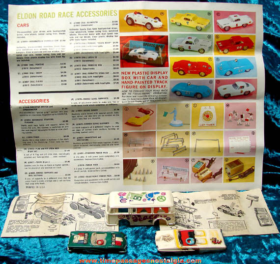 (3) Old Aurora & Tyco Toy Slot Car Bodies + (3) Slot Car Paper Items