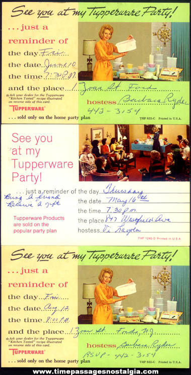 (3) Colorful Old Tupperware Advertising Party Invitation Post Cards