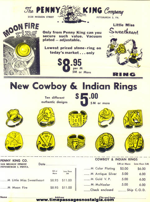 1950s Two Sided Penny King Gum Ball Machine Prize Toy Ring Advertising Flyer & Order Form