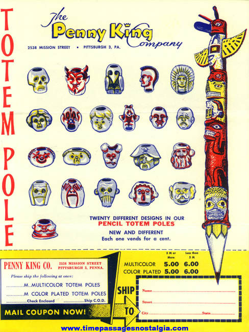 1950s Penny King Gum Ball Machine Totem Pole Prize Advertising Flyer & Order Form