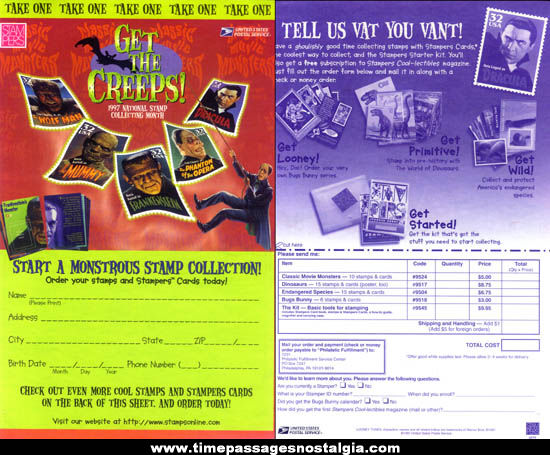 1997 Universal Monsters U.S. Postage Stamp Order Form Poster