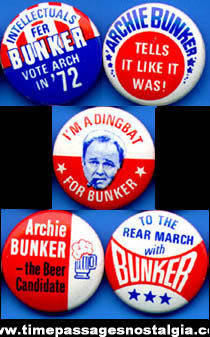 (5) Different 1972 Archie Bunker Gum Ball Machine Prize Political Pin Back Buttons