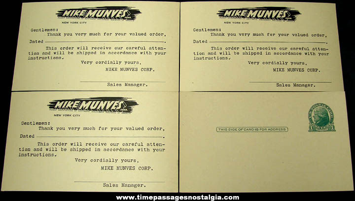 (4) Old Unused Mike Munves Corporation Business Post Cards