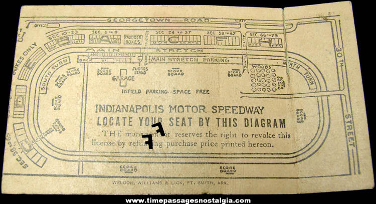 1938 Indianapolis 500 Motor Speedway Auto Race Ticket