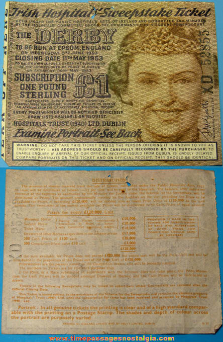 1953 Irish Hospital Sweepstakes Lottery Ticket
