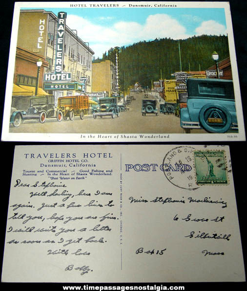 Old Hotel Travelers Dunsmuir California Downtown Post Card