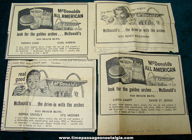 (6) 1960 - 1962 McDonalds Restaurant Advertising Paper Items