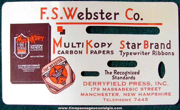 Old Celluloid F. S. Webster Carbon Paper & Typewriter Ribbon Advertising Card