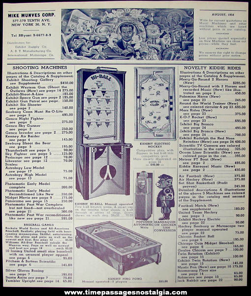 1954 Mike Munves Arcade Game & Machine Catalog Supplement Page