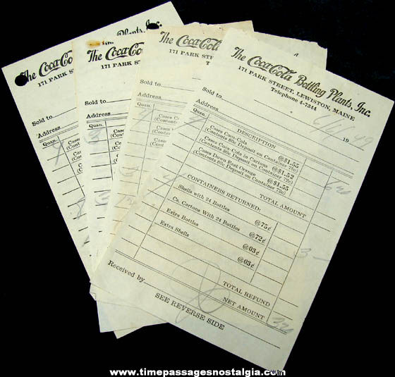 (4) 1949 - 1952 Lewiston Maine Coca-Cola Bottling Plant Advertising Receipts