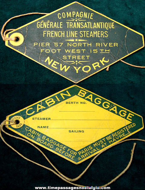 Old Unused New York & Paris France Cruise Steam Ship Advertising Luggage Tag
