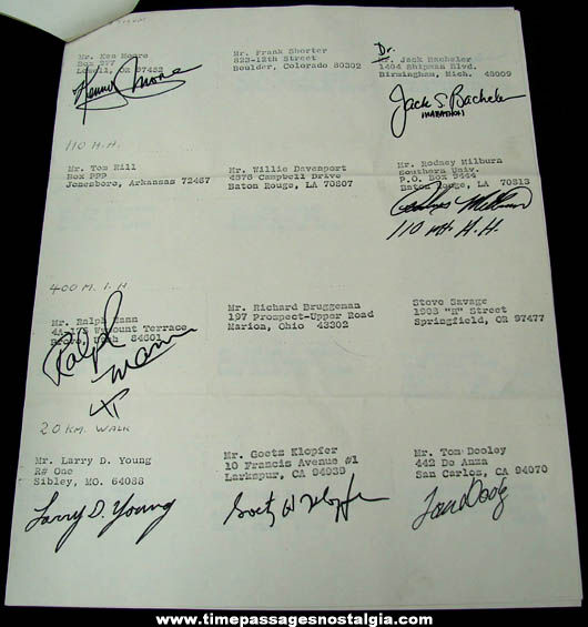 1972 United States Olympic Athletic Team Roster With (28) Autographs