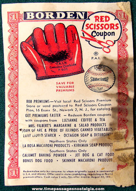 1963 Borden Milk Red Scissors Baseball & Glove Advertising Premium Coupon