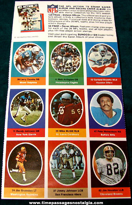 1972 Sunoco Gasoline Advertising Premium NFL Football Stamp Sheet