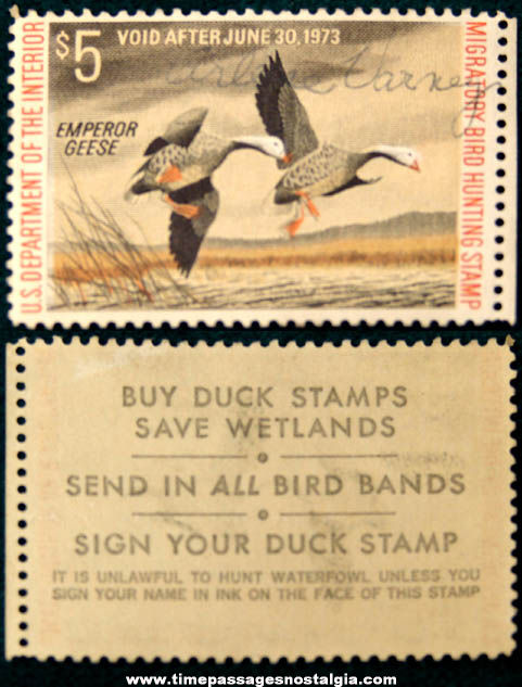 Unused Signed 1973 $5.00 Emperor Geese Duck Hunting Stamp