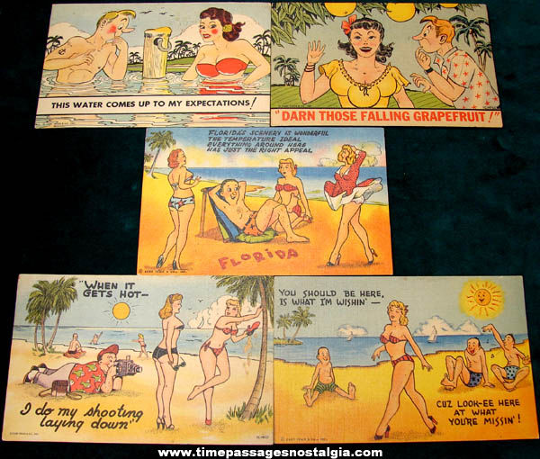 (5) Unused Colorful Old Flordia Risque Comic Post Cards