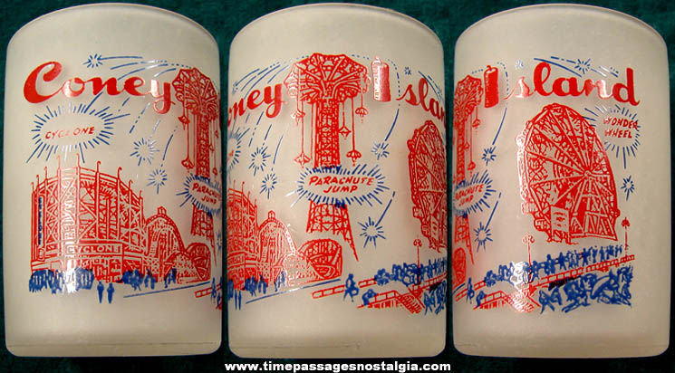 Colorful Old Coney Island Amusement Park Advertising Souvenir Drink Glass With Rides