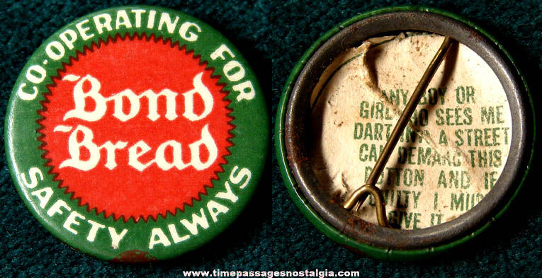 Old Celluloid Bond Bread Advertising Premium Safety Pin Back Button