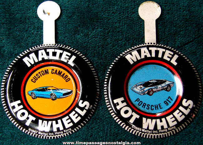 (2) 1960s Mattel Red Line Hot Wheels Car Advertising Tin Tab Button Badges