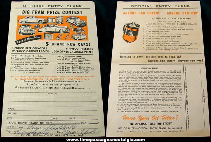 1947 Fram Oil & Motor Cleaner Advertising Contest Entry Blank