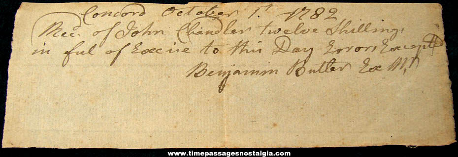 1782 Concord New Hampshire Hand Written 12 Shilling Receipt Document