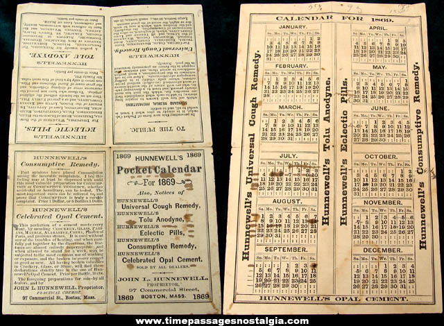 1869 Hunnewell Medicine Boston Massachusetts Advertising Premium Pocket Calendar