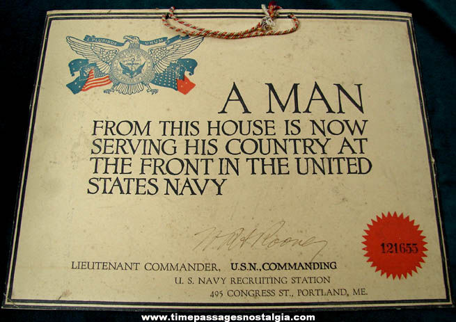 Old United States Navy Sailor Homefront Signed Certificate