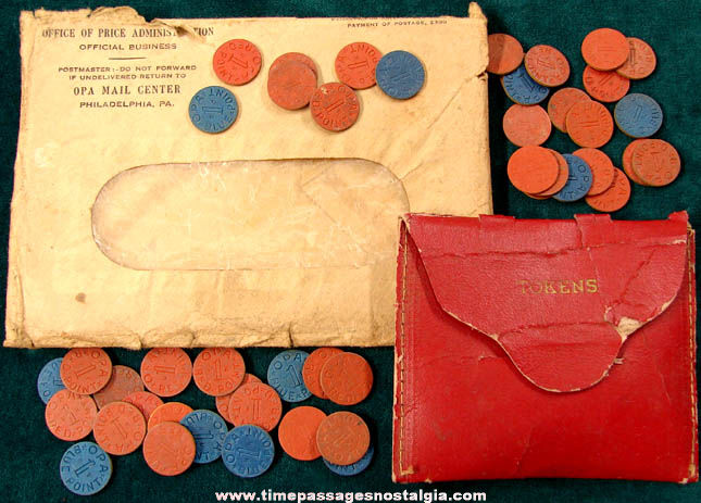 (47) World War II OPA Red & Blue Point Tokens With Wallet & Envelope