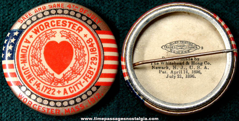 Colorful 1912 Worcester Massachusetts 4th of July Advertising Celluloid Pin Back Button