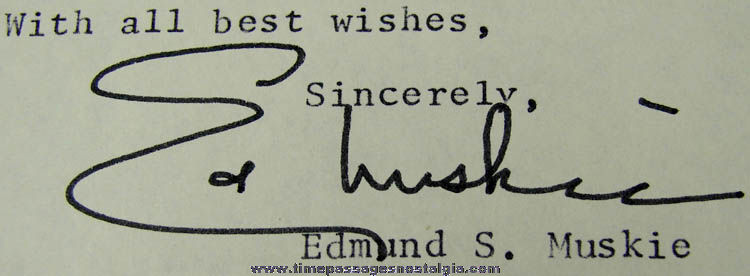 Signed 1972 Senator Ed Muskie Letter, Another Autograph & (2) Pin Back Buttons
