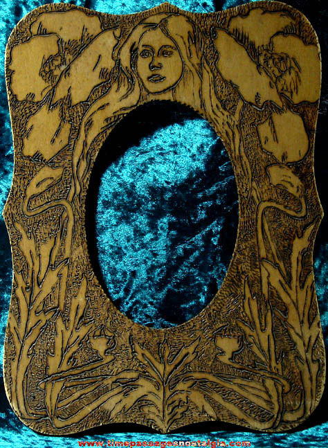 Old Art Nouveau Design Pyrographic Wooden Picture Frame