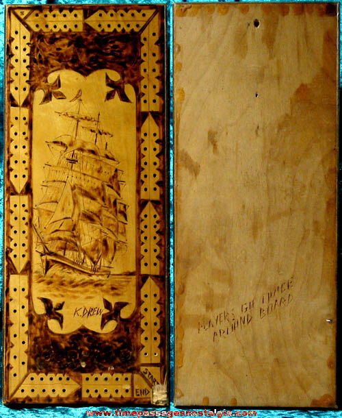 Old Wooden Pyrographic Art Cribbage Game Board With Sailing Ship