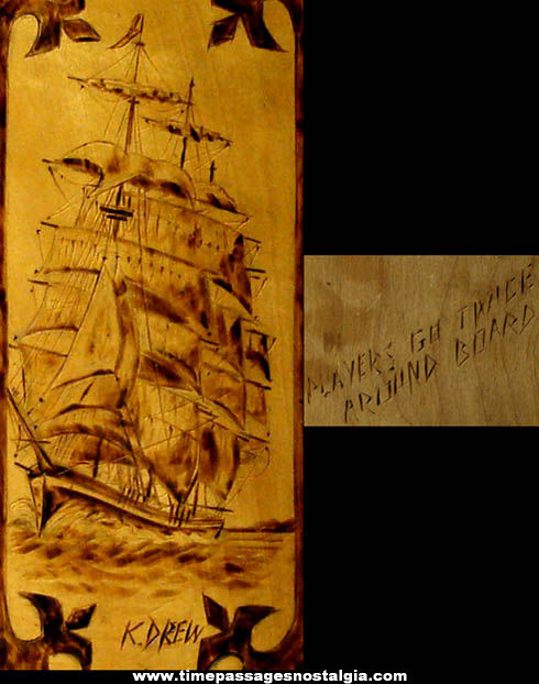 Old Wooden Pyrographic Art Cribbage Game Board With Sailing Ship