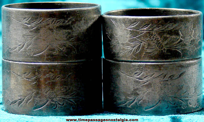 (4) Old Metal Napkin Rings With Bee and Leaf Patterns