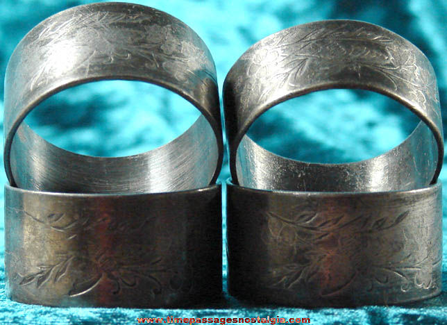 (4) Old Metal Napkin Rings With Bee and Leaf Patterns
