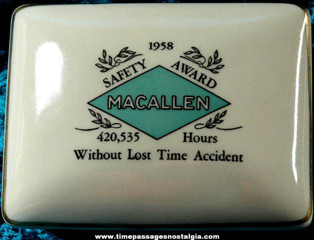 1958 Ceramic or Porcelain Macallen Company Safety Award Trinket Box