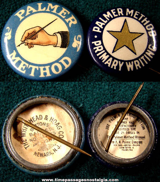 (2) Different Old Celluloid Palmer Method Writing Award Pin Back Buttons