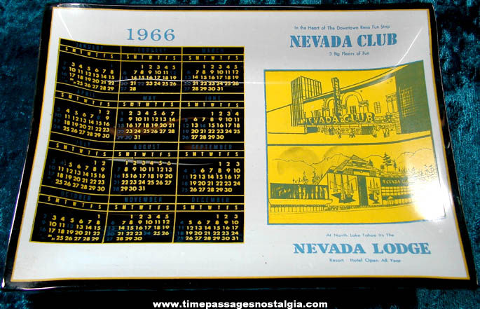 1966 Nevada Club & Lodge Imprinted Black Glass Advertising Souvenir Calendar Tray