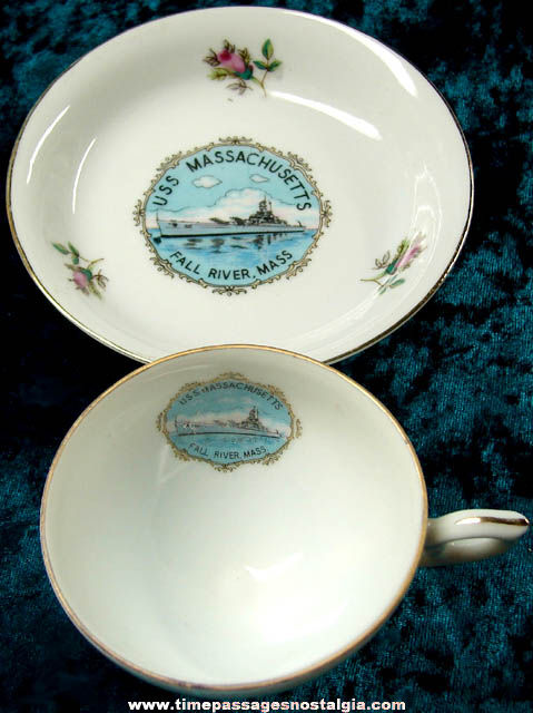 Old U.S.S. Massachusetts BB-59 Advertising Souvenir Tea Cup & Saucer