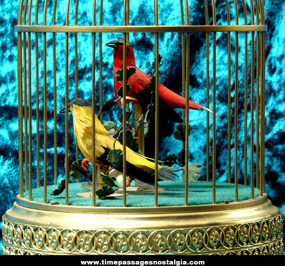 Old German Wind Up Mechanical Singing Birds In Detailed Brass Bird Cage