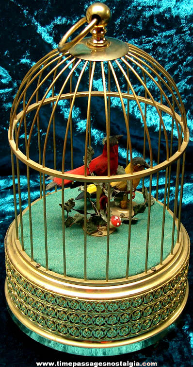 Old German Wind Up Mechanical Singing Birds In Detailed Brass Bird Cage