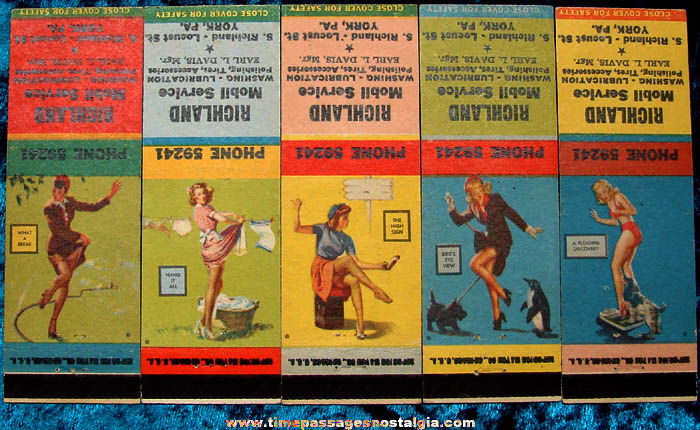 (5) Different Colorful Old Mobil Gas Station Advertising Risque Match Book Covers