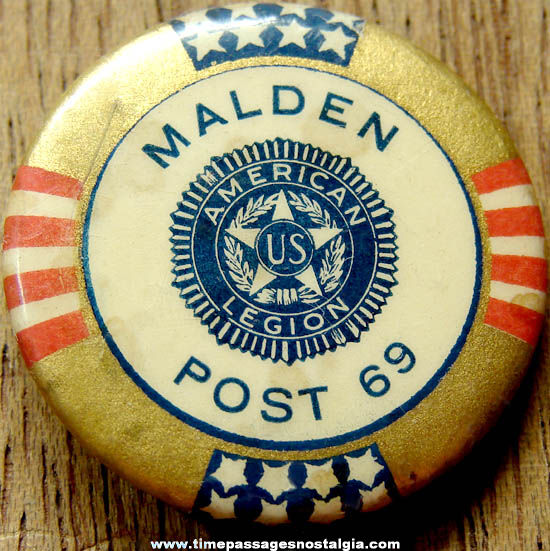 Old Malden Massachusetts American Legion Celluloid Pin Back Button