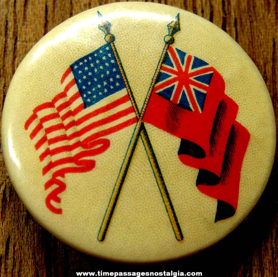 Colorful Old American & British Flag Celluloid Pin Back Button