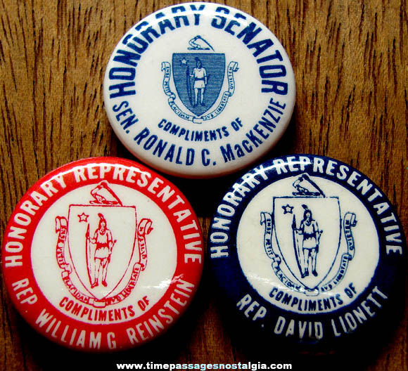 (3) Old Massachusetts Honorary Senator & Representative Political Pin Back Buttons