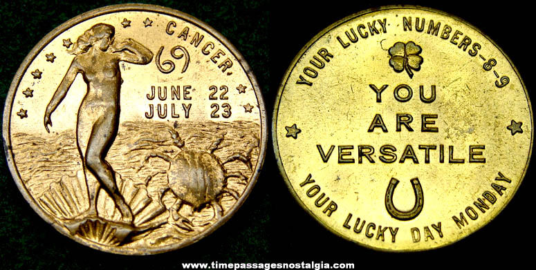 Old Brass Cancer Zodiac Good Luck Token Coin With Aphrodite